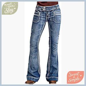 Low Rise Flare Leg Vintage Jeans with Dual Button Patch Pocket